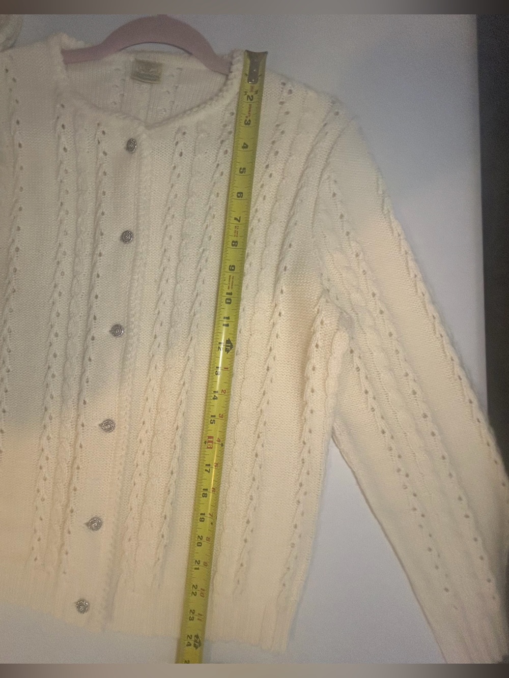 Vintage Cottagecore Grandmacore Cable Knit Cardigan Cream Sweater Size Small 90s - Picture 11 of 11